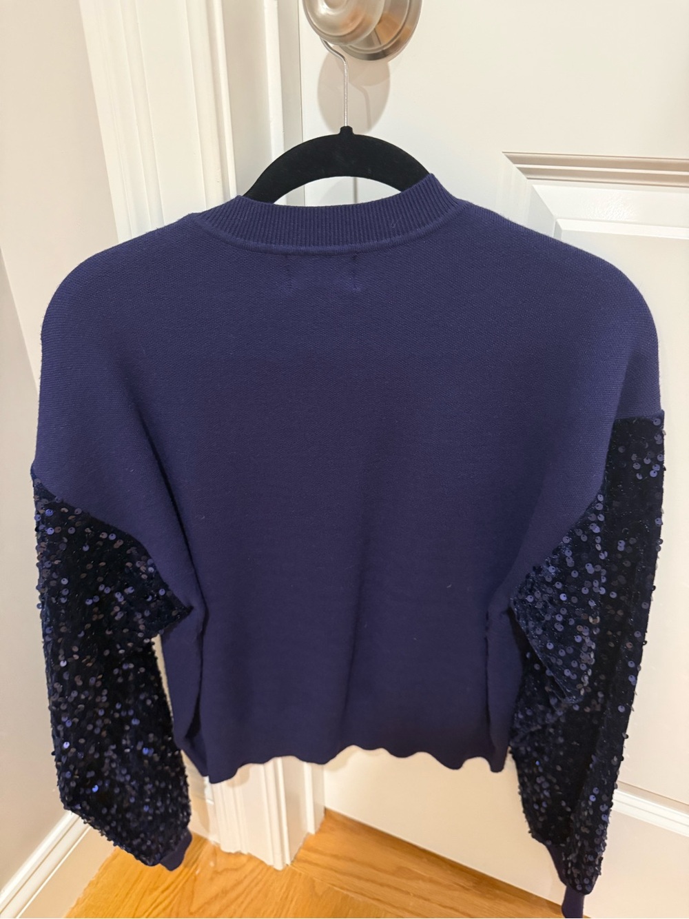 Vici Deep Navy Crewneck Sweater with Sequin Sleeve Panels